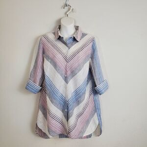 Chico's Tunic Top 8 Petite Striped Linen Coastal Grandma Casual No Iron Beachy